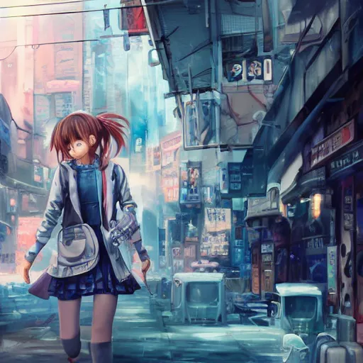 Image similar to dynamic composition, motion, ultra-detailed, incredibly detailed, a lot of details, amazing fine details and brush strokes, colorful and grayish palette, smooth, HD semirealistic anime CG concept art digital painting, watercolor oil painting of Clean and detailed post-cyberpunk sci-fi close-up schoolgirl in asian city in style of cytus and deemo, blue flame, relaxing, calm and mysterious vibes,, by a Chinese artist at ArtStation, by Huang Guangjian, Fenghua Zhong, Ruan Jia, Xin Jin and Wei Chang. Realistic artwork of a Chinese videogame, gradients, gentle an harmonic grayish colors. set in half-life 2, Matrix, GITS, Blade Runner, Neotokyo Source, Syndicate(2012), dynamic composition, beautiful with eerie vibes, very inspirational, very stylish, with gradients, surrealistic, dystopia, postapocalyptic vibes, depth of field, mist, rich cinematic atmosphere, perfect digital art, mystical journey in strange world