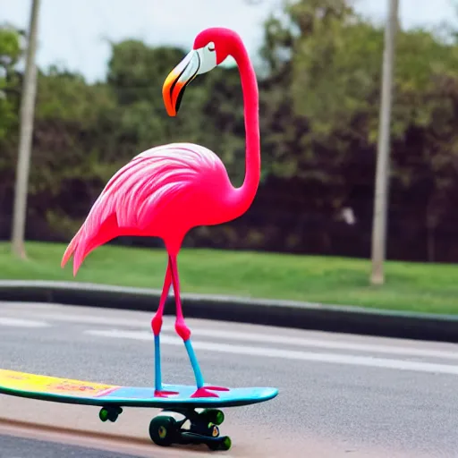 Prompt: a cartoon flamingo wearing shades riding a skateboard