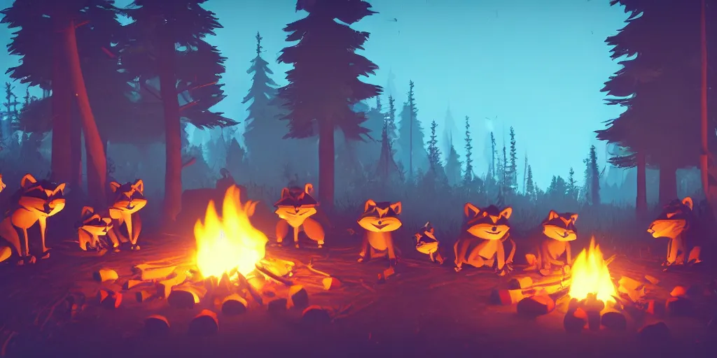 Image similar to a group of racoons sitting around a campfire in the middle of the forest, surrounded by fireflies. Firewatch style