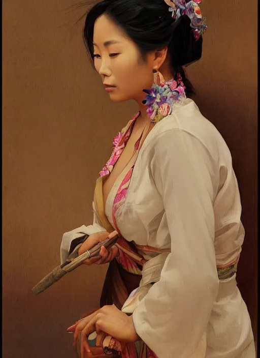 Prompt: a painting of a beautiful 35 year old Asian woman with tanned skin and traditional dress holding a pen by Artgerm and Greg Rutkowski and Alphonse Mucha, dramatic studio lighting