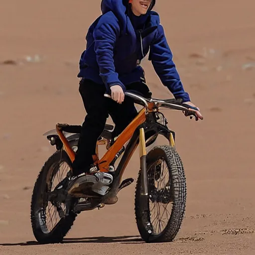 Prompt: justin bieber riding a bike on mars, photograph,