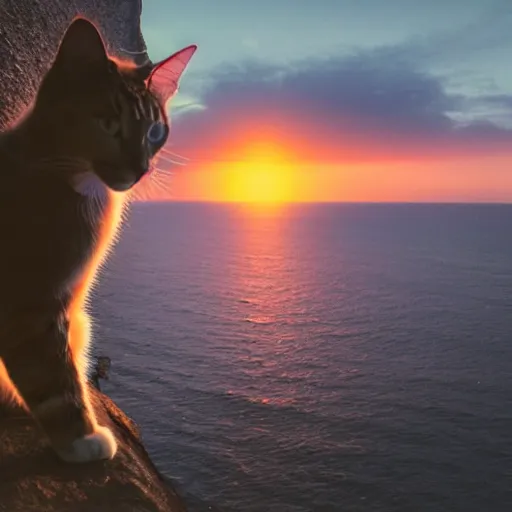 Image similar to a cat watching a sunset over the ocean from the edge of a cliff, dslr photo, camera from behind