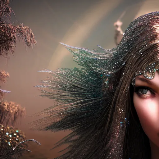 Prompt: beautiful face, crystal, platinum, gold, biomechanoid with incredible iridescent pearlescent voluminous fiberoptic hair, crystalline masterpiece implants, hyperdetailed face, elegant pose, movie still, intricate, octane render, cinematic forest lighting, unreal engine, crepuscular rays, god rays.