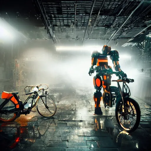 Image similar to bicycle mecha, dark messy smoke - filled cluttered workshop, dark, dramatic lighting, orange tint, sparks, cinematic, highly detailed, sci - fi, futuristic, movie still