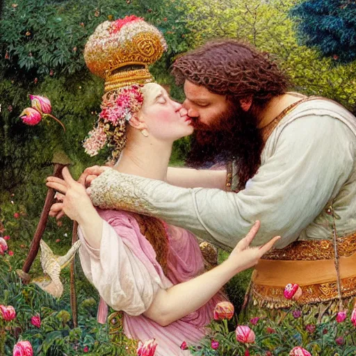 Prompt: a white skinned red bearded viking and a beautiful brown skinned indian princess kiss in a field of peonies, masterpiece, highly detailed, oil on canvas, art by rebecca guay