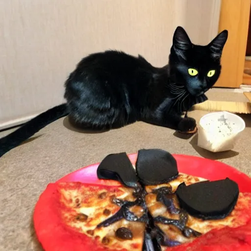 Prompt: a cat named shadow eating pizza