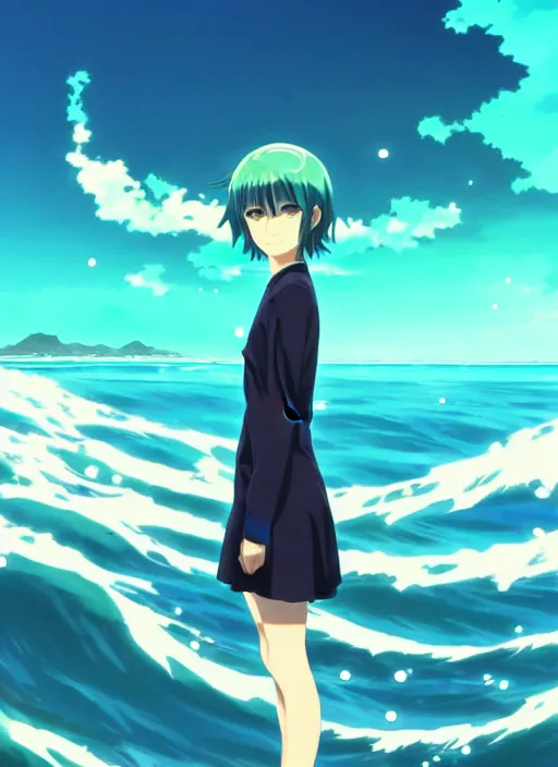 Image similar to makoto shinkai, ilya kuvshinov, beautiful anime women with green dress, long blue hair, water powers water swirling, symmetrical face, symmetrical eyes, detailed, beach setting, cinematic lighting