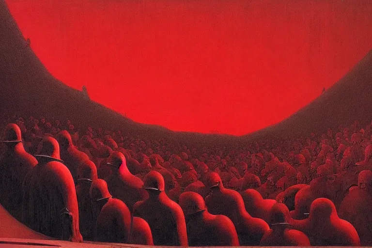 Image similar to only with red, a red melted emperor in an authoritarian position, taormina amphitheatre, crowd hails him, in the style of beksinski, parts by edward hopper, parts by rodcenko, parts by yue minjun, intricate and epic composition, red by caravaggio, insane quality, highly detailed, masterpiece, red light, artstation