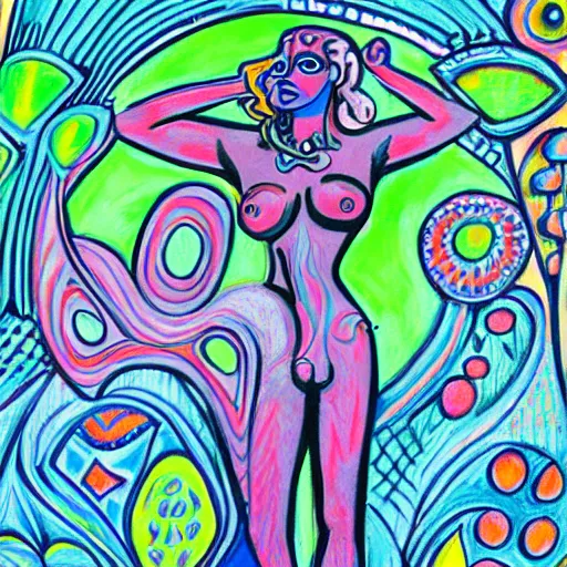 Prompt: full body dynamic pose, psychedelic, dmt deity, picasso, pin up girl, visionary art, fully colored and rendered