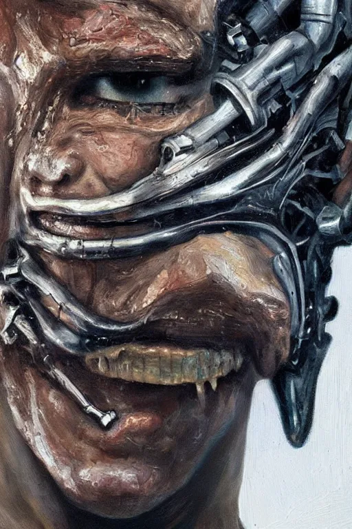 Prompt: oil painting, close-up, hight detailed, melting cyborg had half his face cut off, in style of 80s sci-fi art, neodada