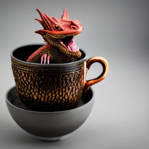 Prompt: beautiful cute little baby dragon inside a cup, photo studio, professional photo, professional lighting, sunlight, trending on instagram, hdr, 8 k