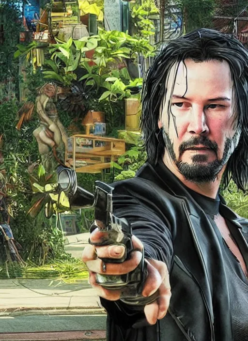 Prompt: solarpunk keanu reeves driving a tractor, cyberpunk 2 0 7 7 wake up samurai, solarpunk, lots of plants, gardening, permaculture, anarchy, realistic, ultra detailed