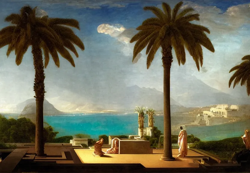 Image similar to The highest palace ever made, thunderstorm, greek pool, beach and palm trees on the background major arcana sky, by paul delaroche, hyperrealistic 4k uhd, award-winning very detailed