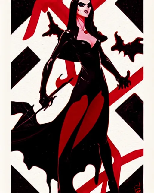 Image similar to rafael albuquerque comic art, peter mohrbacher, phil noto, artgerm, pretty evil elizabeth olson witch, black and red dress, symmetrical eyes