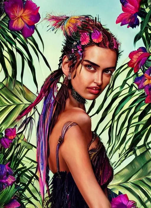 Image similar to beautiful portrait of Irina Shayk wearing dramatic Hand-dyed cotton dress,embellished beaded feather decorative fringe knots ,colorful pigtail,subtropical flowers and plants,symmetrical face,intricate,elegant,highly detailed,8k,digital painting,trending on pinterest,harper's bazaar,concept art, sharp focus, illustration, by artgerm,Tom Bagshaw,Lawrence Alma-Tadema,greg rutkowski,alphonse Mucha