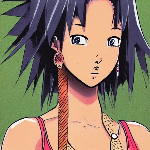 Image similar to a full lenght illustration of a light - skinned african - american woman character in nartuo. illustrated in the style of masashi kishimoto.