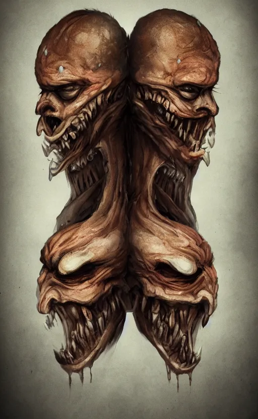 Image similar to full body portrait of of a two headed monster smiley creepily, dynamic lighting, photorealistic, fantasy concept art, ambient lighting, atmospherical, stunning visuals, creative, cinematic, ultra detailed, trending on art station