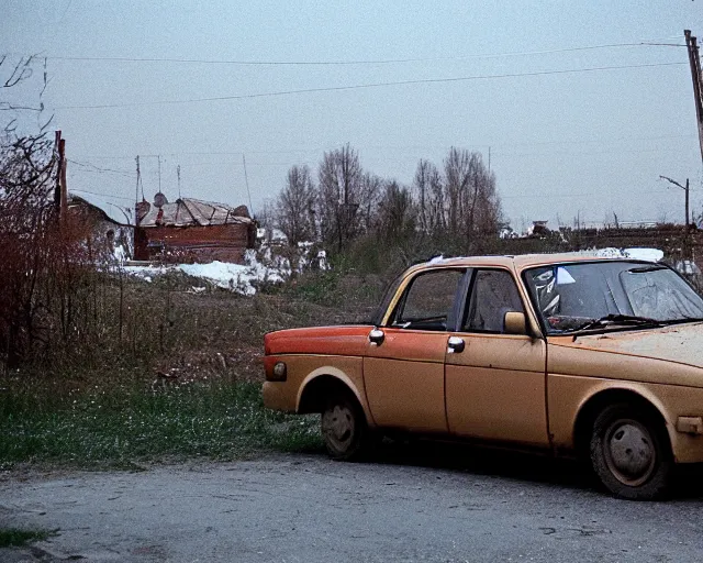 Image similar to a lomographic photo of old lada 2 1 0 7 standing in typical soviet yard in small town, hrushevka on background, cinestill, bokeh