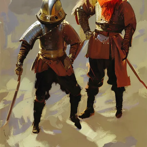 Image similar to portrait of men wearing gambeson and medieval helmets, clashing swords, detailed by greg manchess, craig mullins, bernie fuchs, walter everett