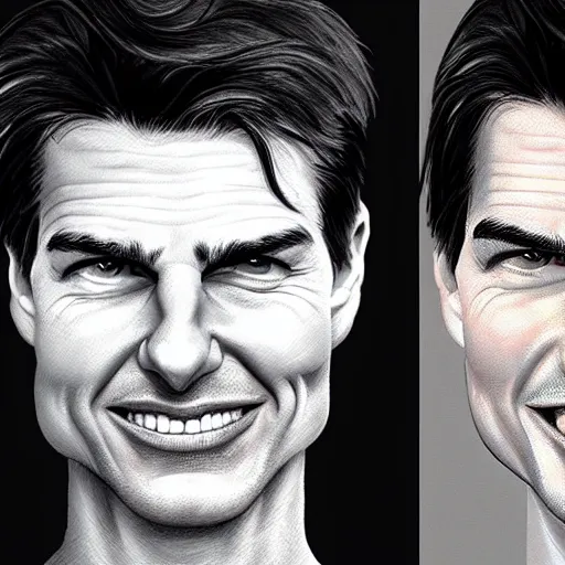 Image similar to caricature of tom cruise, closeup of face, exaggerated features, highly detailed, drawing by mahesh nambiar, sebastian kruger, archille superbi, carola rubio, artstation