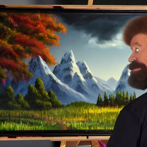 Prompt: a closeup photorealistic photograph of bob ross working on a canvas painting of batman and robin. film still. brightly lit scene. mountains and trees. this 4 k hd image is trending on artstation, featured on behance, well - rendered, extra crisp, features intricate detail, epic composition and the style of unreal engine.
