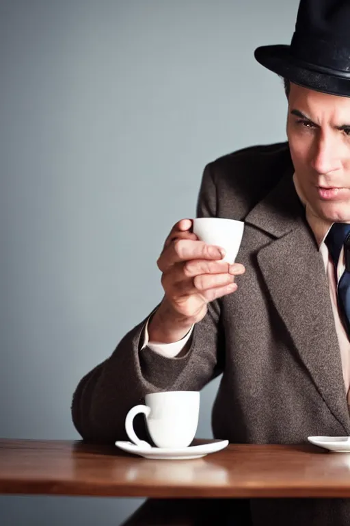 Prompt: a 5 0's detective having a cup of coffee