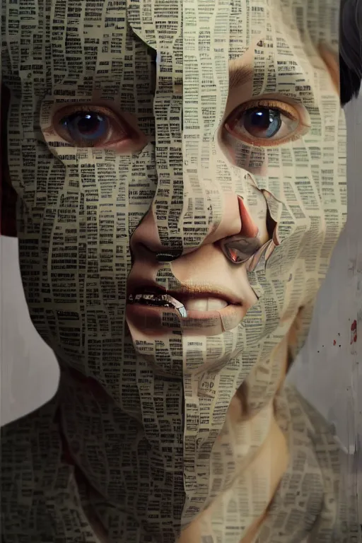 Prompt: 3 d, close - up, smiling fashion model, newspaper, tears, poster art, intricate oil painting, high detail, figurative art, multiple exposure, poster art, 3 d, by stanley kubrick and tooth wu and wlop and beeple