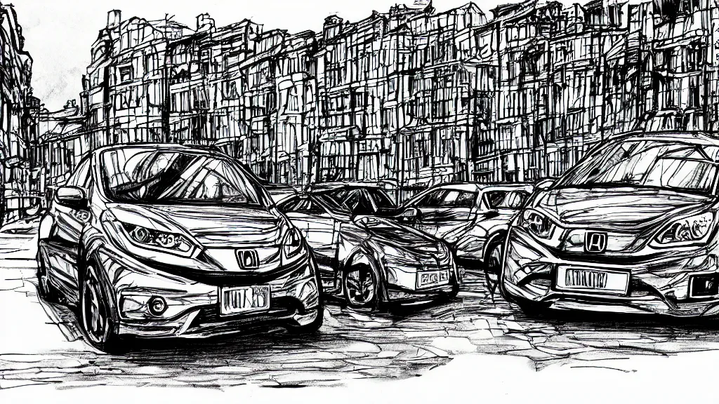 Image similar to compact honda car parked in a european city, ink manga drawing