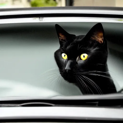 Image similar to A sad black cat driving his car to work, award-winning photograph, highly detailed, gloomy, washed out colors, the car is a Toyota prius, depressive