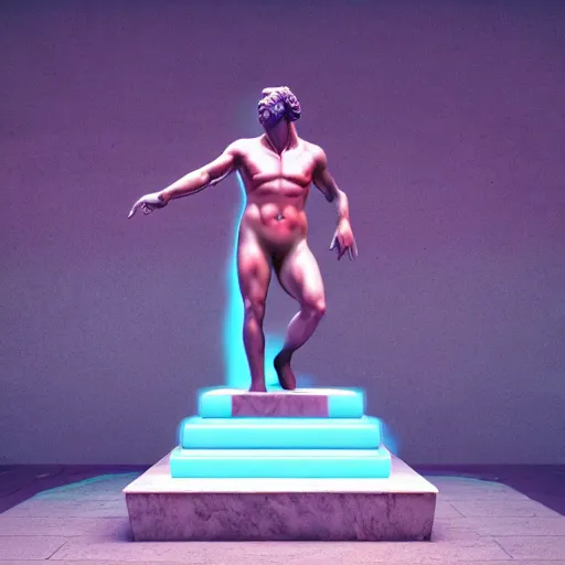 Image similar to unreal engine octane render houdini hyperreallistic render 8k marble statue of the minotaur vaporwave blue and pink neon background