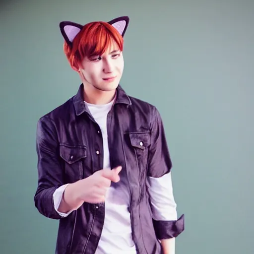 Image similar to A pretty catboy in his twenties with realistic cat ears