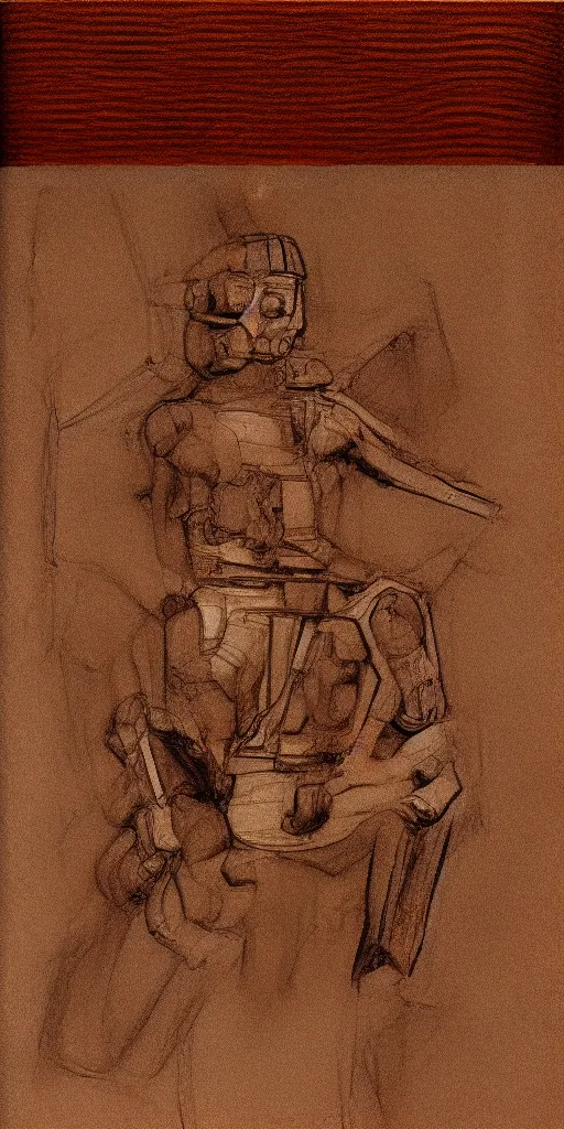 Prompt: humanoid machine sketch by Leonardo da Vinci, sketchbook, highly detailed, scientific illustration