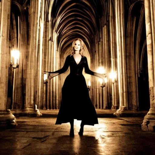 Image similar to jennifer lawrence as a vampire in a gloomy gothic cathedral at night