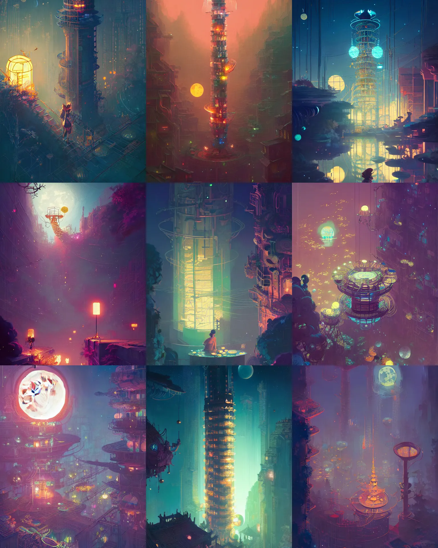 Prompt: lunar tower illustrated by bobby chui, fireflies around, mute, neon light language, wlop, james jean, victo ngai, beautifully lit, muted colors, highly detailed, fantasy art by craig mullins, thomas kinkade