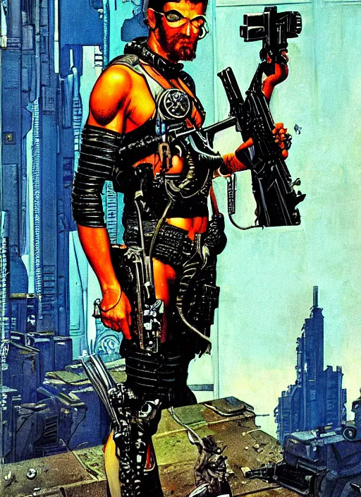 Prompt: cyberpunk mercenary. portrait by clyde caldwell and jean giraud and anton otto fischer and will eisner and gil elvgren
