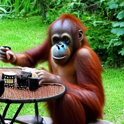 Prompt: cute orangutan, sitting on the couch, like a human playing poker with his friends