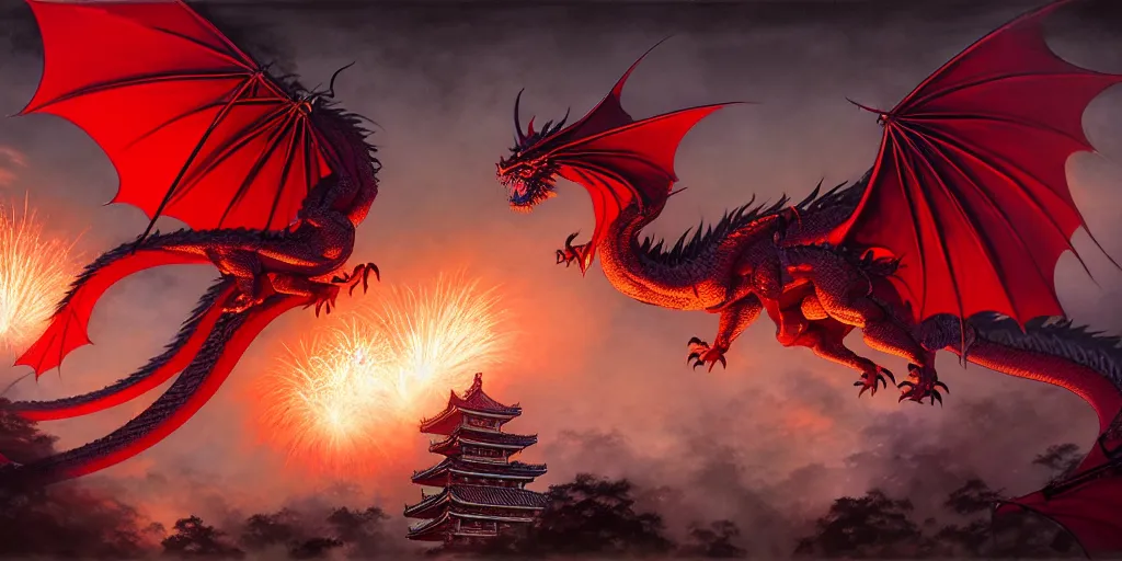 Prompt: Stunning Portrait of A Red dragon flying above a Feudal Japan temple, during a fire works festival at night by Kim Jung Gi, Blizzard Concept Art Studio Ghibli. oil paint. 4k. by brom, Intense fireworks by Ross Tran, Greg Rutkowski, Mark Arian, soft render, octane, highly detailed painting, artstation