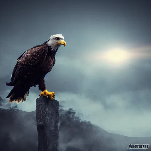 Image similar to A extremely realistic photo of an eagle with night vision goggles, standing bird, sharp claws, cloudy, midnight, smoke, ultra high detail digital art, trending on Artstation, unreal engine