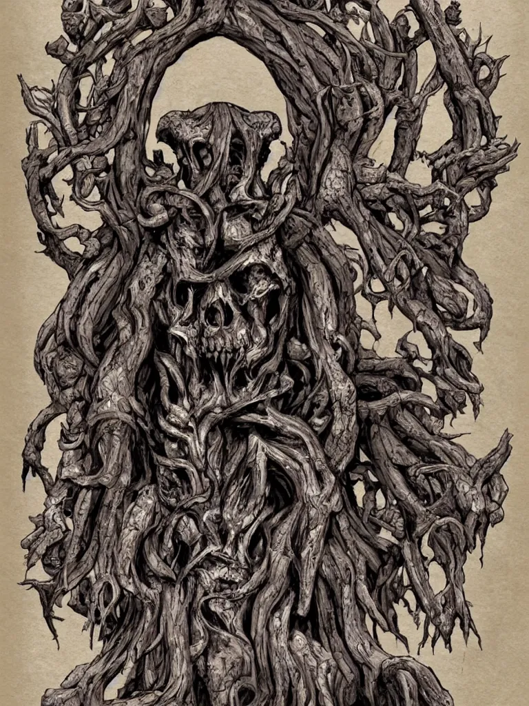 Prompt: elder wooden god sitting in a throne made of skulls, with sprouts as it ´ s crown