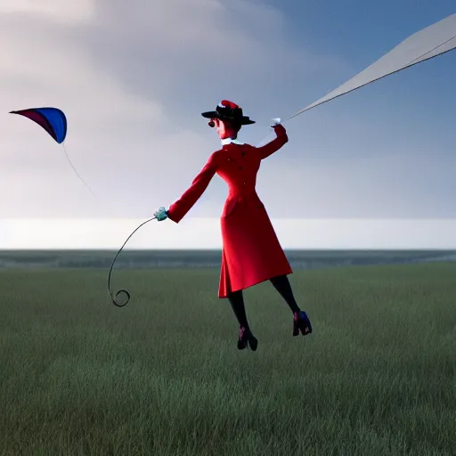 Image similar to mary poppins holding a two - line mattress kite being blown to the sky by the strong wind. 3 d octane render