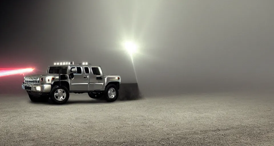 Prompt: silver hummer truck on a stage : : surrounded by fog and a laser show. real photo. realistic.