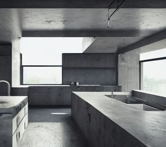 Image similar to brutalist black house kitchen with 2 islands interior design minimalist organic, organic architecture furniture open space high quality octane render blender 8 k