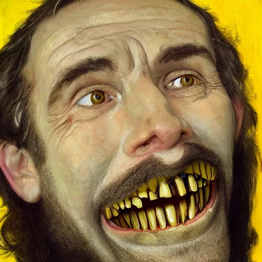 Image similar to dentist portrait of a dentist with large, giant teeth, rotten teeth, yellow, broken, cavities, moldy by Mark Brooks and Gustave Courbet