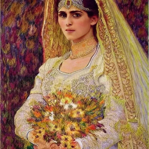 Image similar to full body portrait of a beautiful Kurdish bride wearing a beautiful wedding dress, very detailed eyes, hyperrealistic, beautiful and symmetrical face, very detailed painting by Claude Monet and Alphonse Mucha, ornate, trending on artstation, extremely high detail, incredibly intricate