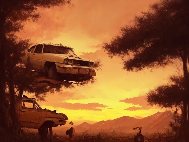 Prompt: low angle shot of tree growing inside scrap car in the foreground. overgrown. soft golden red sunset over the mountains in the background. clouds. detailed leaves. hyperrealistic, highly detailed, cinematic, beautiful, cgsociety, artstation, oil painting by greg rutkowski, by artgerm, by wlop