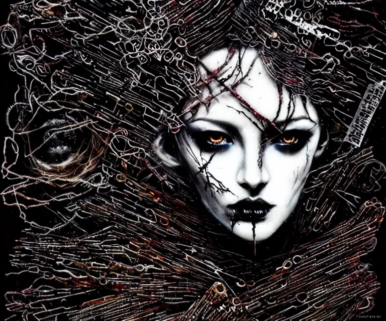 Image similar to stunning otherworldly gothic goddess of ice fire, dark and mysterious, atmospheric, ominous, eerie, cinematic, epic, 8 k, 4 k, ultra detail, ultra realistic, rendered by awesomeness. nights falling wind is blowwing snow is pilling concept art in style of carne griffiths artwork by xsullo el anatsui