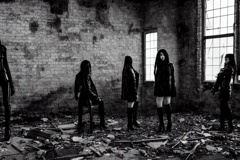 Image similar to 4 goths in leather, watching a black hole forming in the grimy grungy basement of an abandoned apartment block, grainy black and white photography