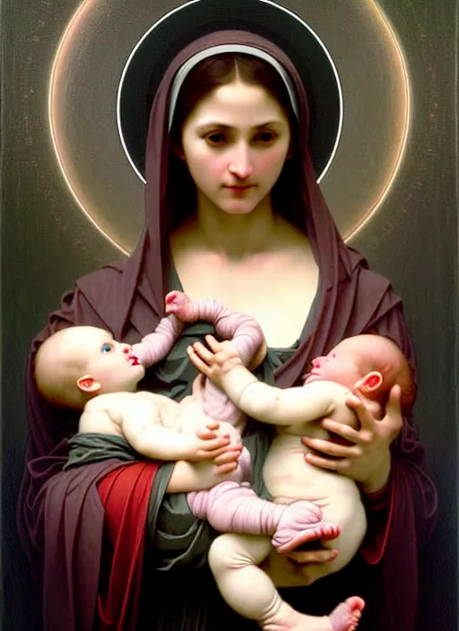 Image similar to realistic detailed 8k photo of futuristic holy cyborg-robotic-mother holding a newborn baby child in hands by Raphael Santi, William-Adolphe Bouguereau, orthodox icon Neo-Gothic, gothic, rich deep colors. masterpiece, intricate artwork by Tooth Wu and wlop and beeple, greg rutkowski. still from a 2021 movie by Terrence Malick, Tarkovsky, Gaspar Noe, James Cameron,