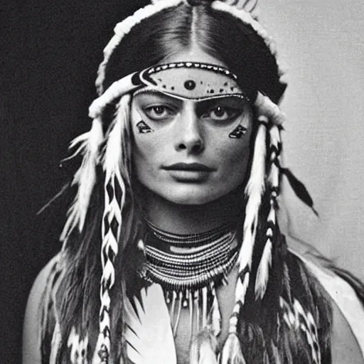 Prompt: margot robbie as a native american in the 1 8 0 0 s, photograph