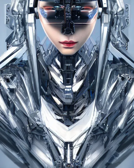 Prompt: the face of a cybernetic! fashion model! mecha, scifi, ghost in the shell, intricate sci fi panels made of metal, elegant, highly detailed panel cuts, greeble detail, caustics and refraction, digital painting, artstation, concept art, high tech fantasy, sharp focus, illustration, art by marco plouffe arstation